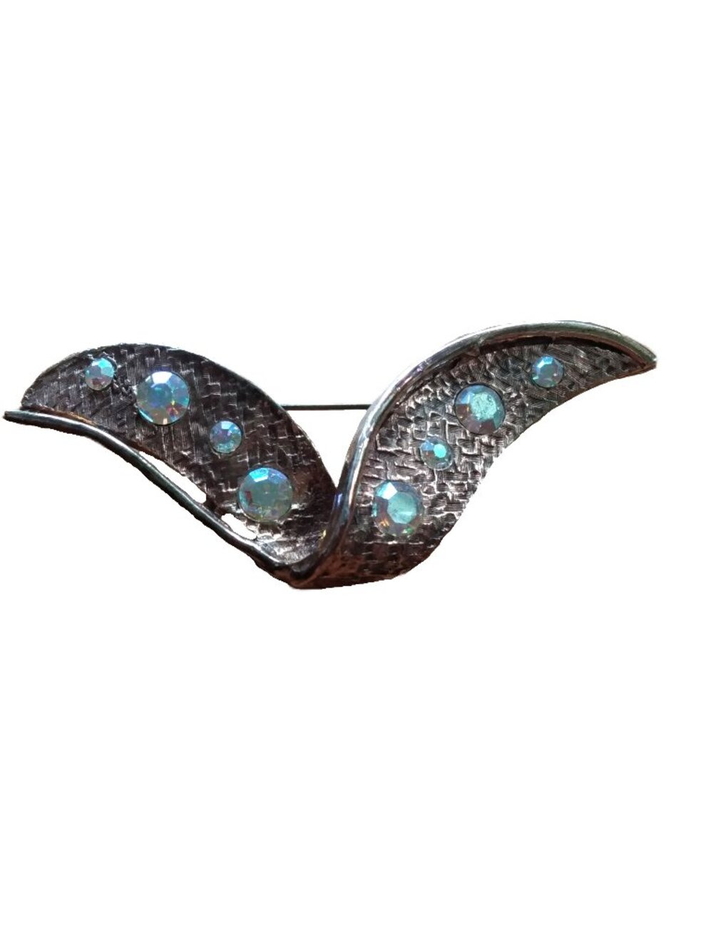 Large Vintage Brooch with Aurora Borealis Stones Wings Ribbon Wave